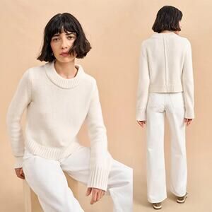 NWT La Ligne Solid Marin Round-Neck Wool Cashmere Mini Sweater Cream Size: Large